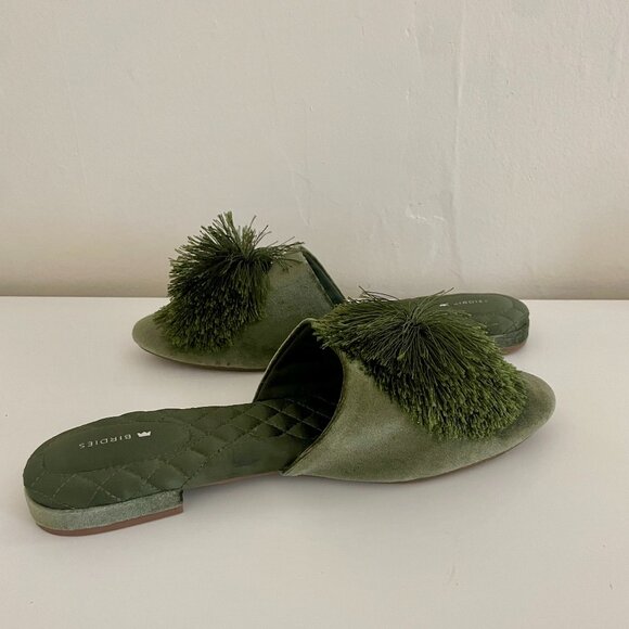 Birdies The Songbird Mule Pom Pom Olive/Green Velvet Mules, New Without Tags - Picture 3 of 6